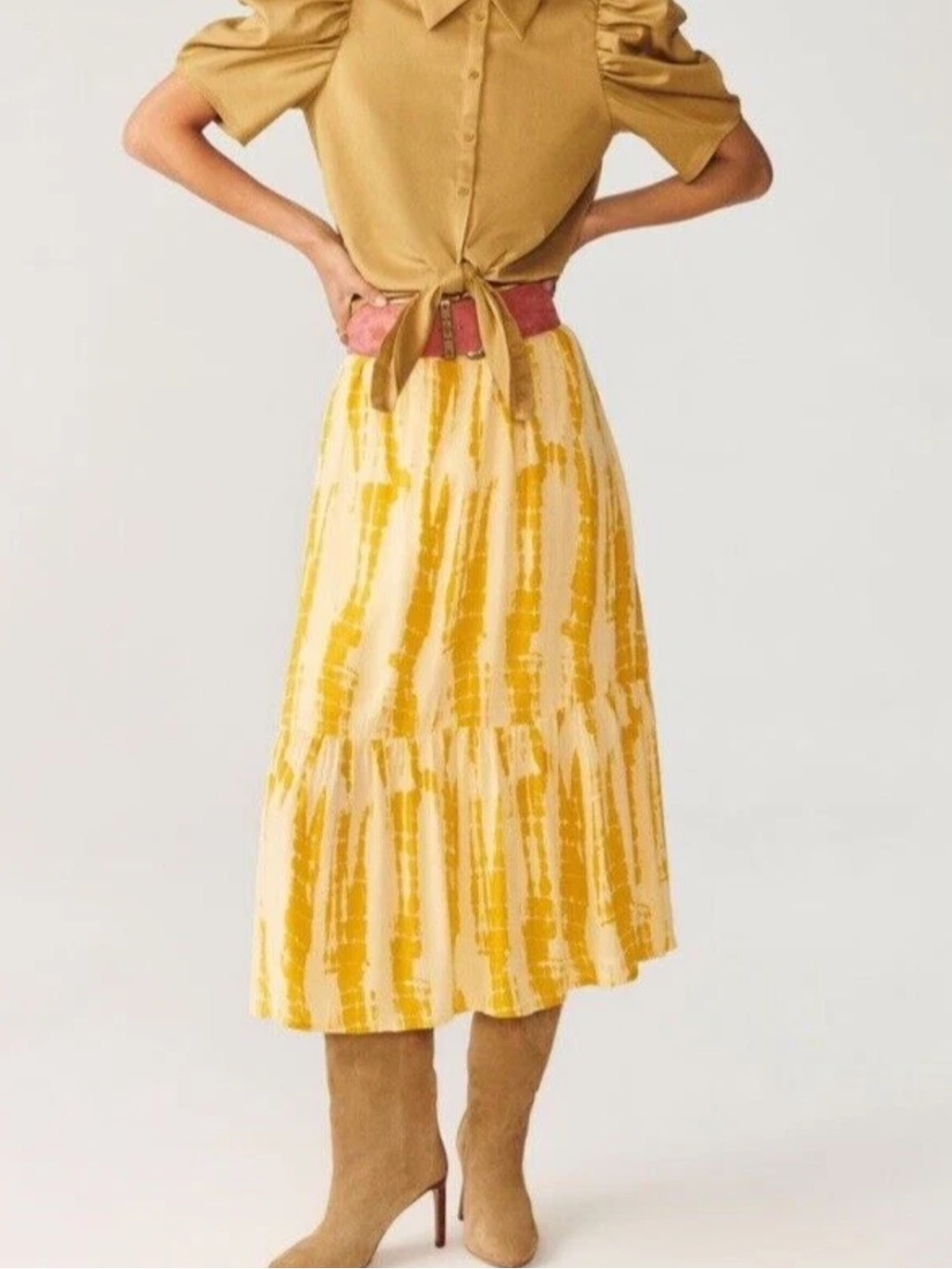 ba&sh Kylie Yellow Tie-Dye Metallic Thread Midi Skirt